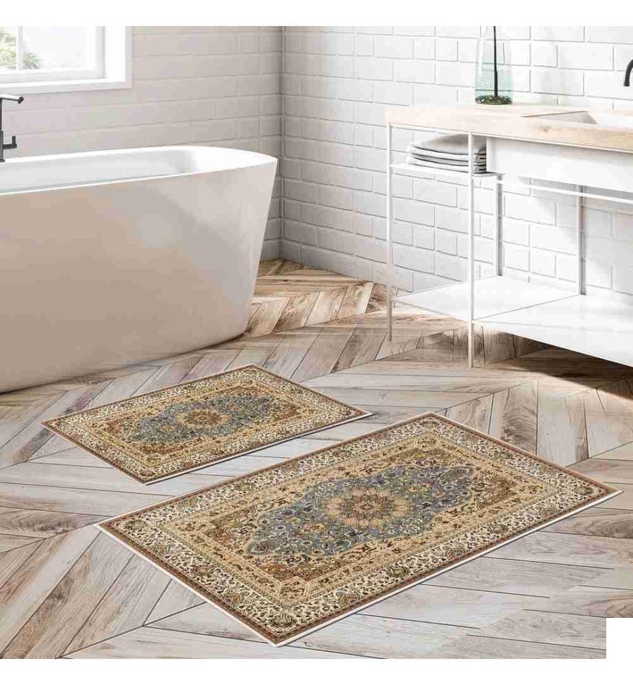 Set de tapis de bain, 2 pièces, multicolore, 100% polyester, dessous antidérapant