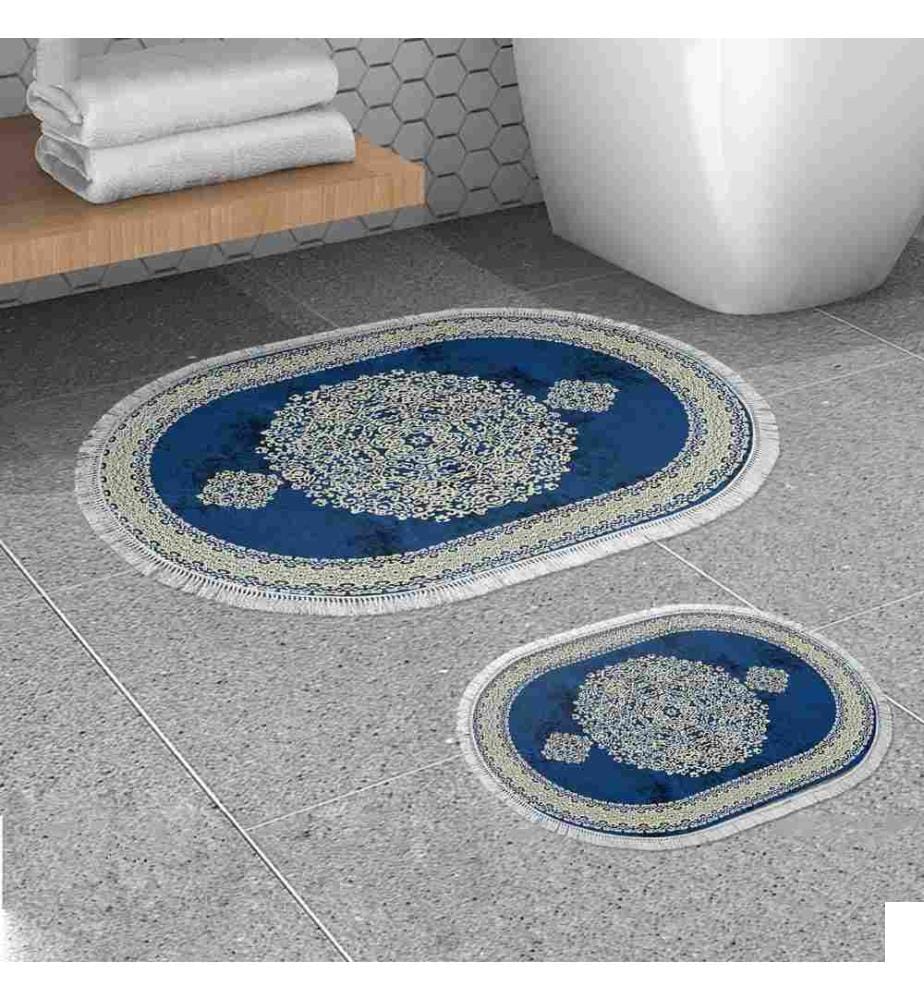 Set de tapis de bain, 2 pièces, bleu, 100% polyester, dessous antidérapant