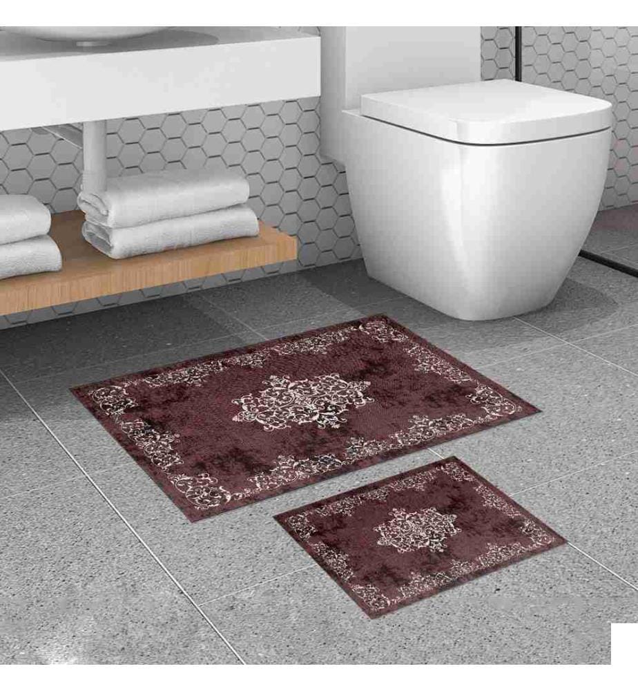 Set de tapis de bain, 2 pièces, rouge bordeaux, 100% polyester, dessous antidérapant