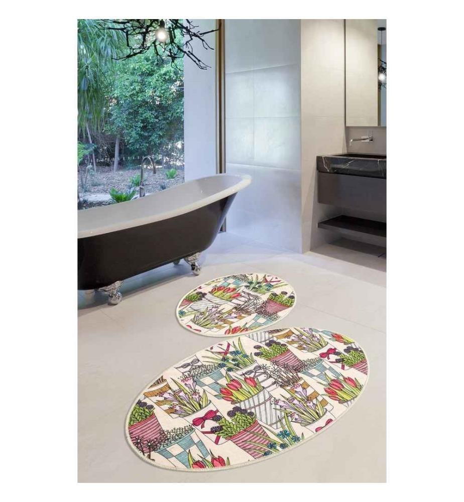 Set de tapis de bain, 2 pièces, multicolore, 100% polyester, antiallergique