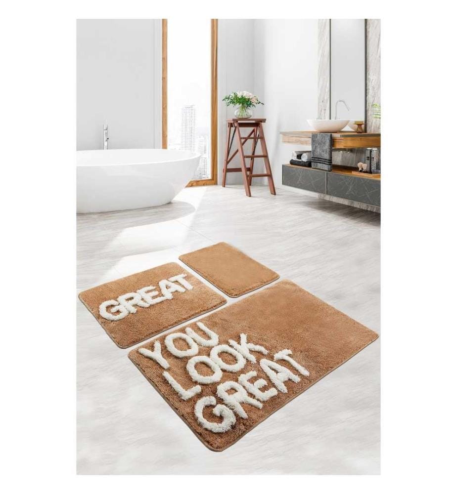 Set de tapis de bain en acrylique, 3 pièces, beige, blanc, 100% acrylique