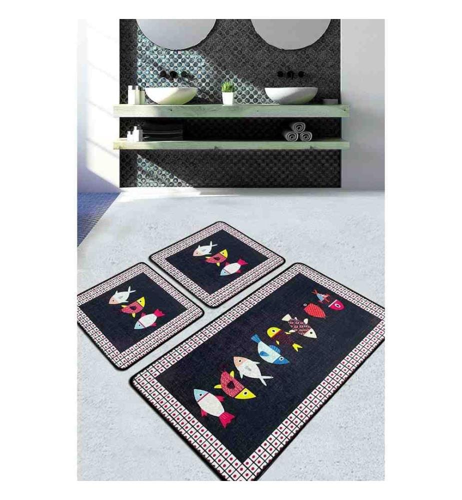 Set de tapis de bain, 3 pièces, Multicolore, 100% Polyester