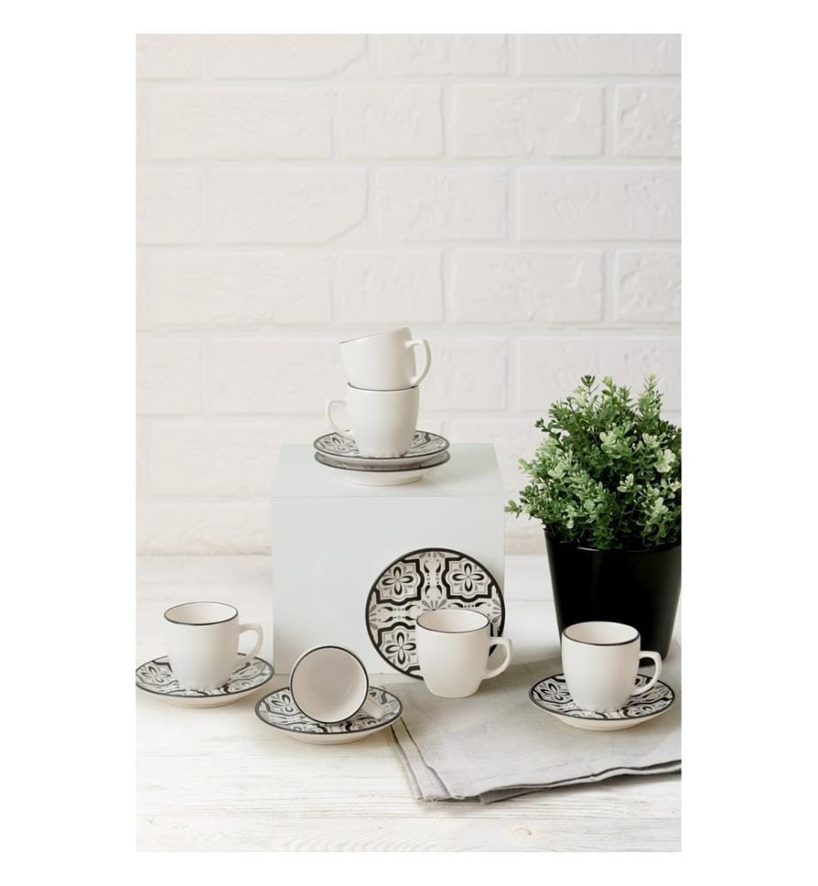 Set de tasses à café, 12 pièces, noir, blanc, 100% Ceramic