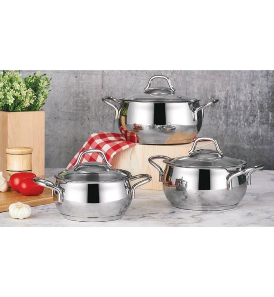 Ensemble de casseroles, 6 pièces, acier, 100% acier inoxydable, couvercle en verre (3 pièces)