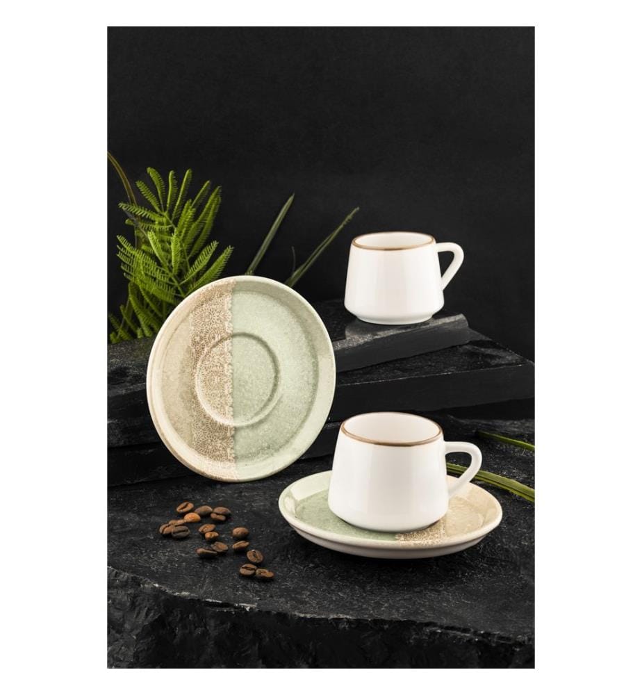 Set de tasses à café, 12 pièces, vert, crème, blanc, 100% Porcelain