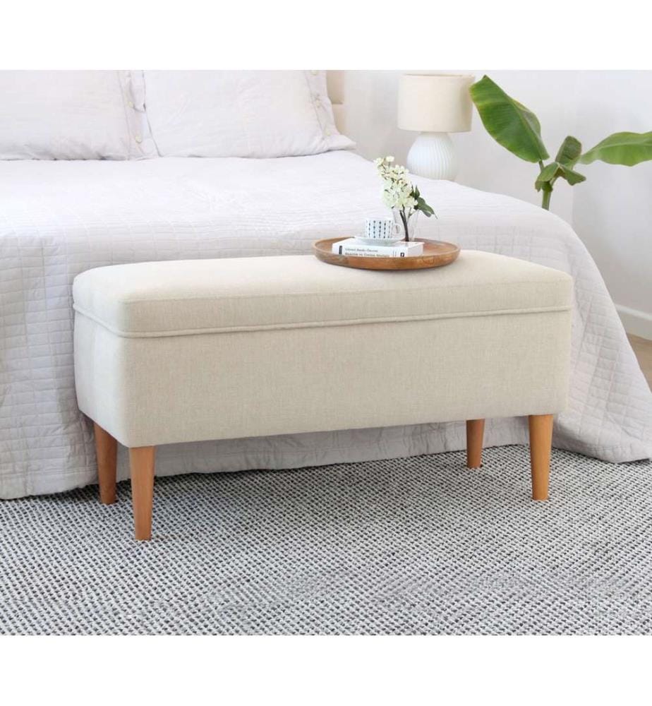 Pouf, crème, 50 % COTON / 50 % LIN, pieds en bois