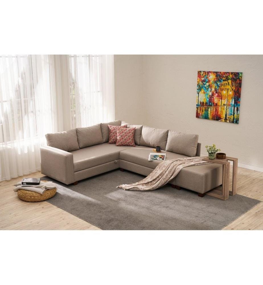 Canapé-lit d'angle, beige, structure : BOIS / PANNEAUX DE PARTICULES, tissu : COTON / POLYESTER