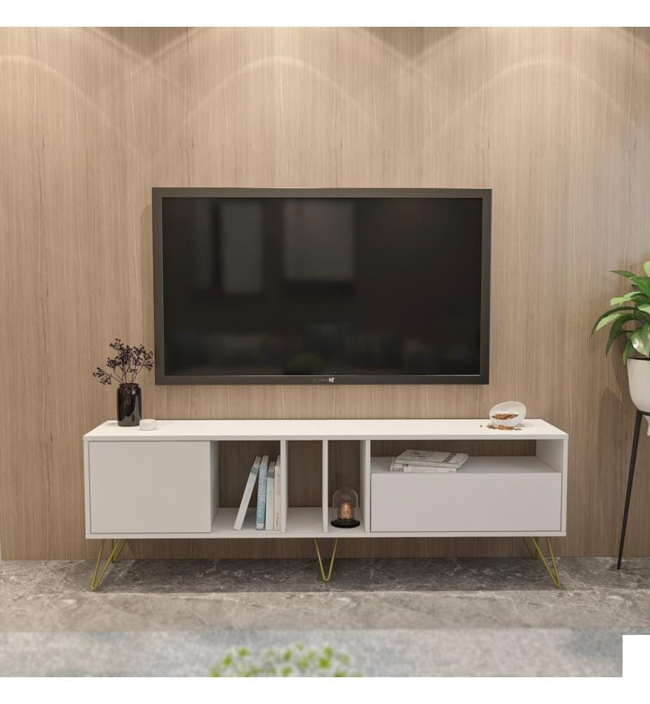 Meuble TV, Blanc, Or, Panneau de particules mélaminé, Pieds en métal
