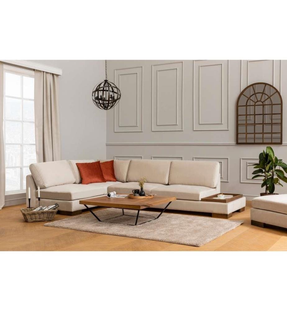 Canapé d'angle, beige, cadre en hêtre - aggloméré, tissu polyester