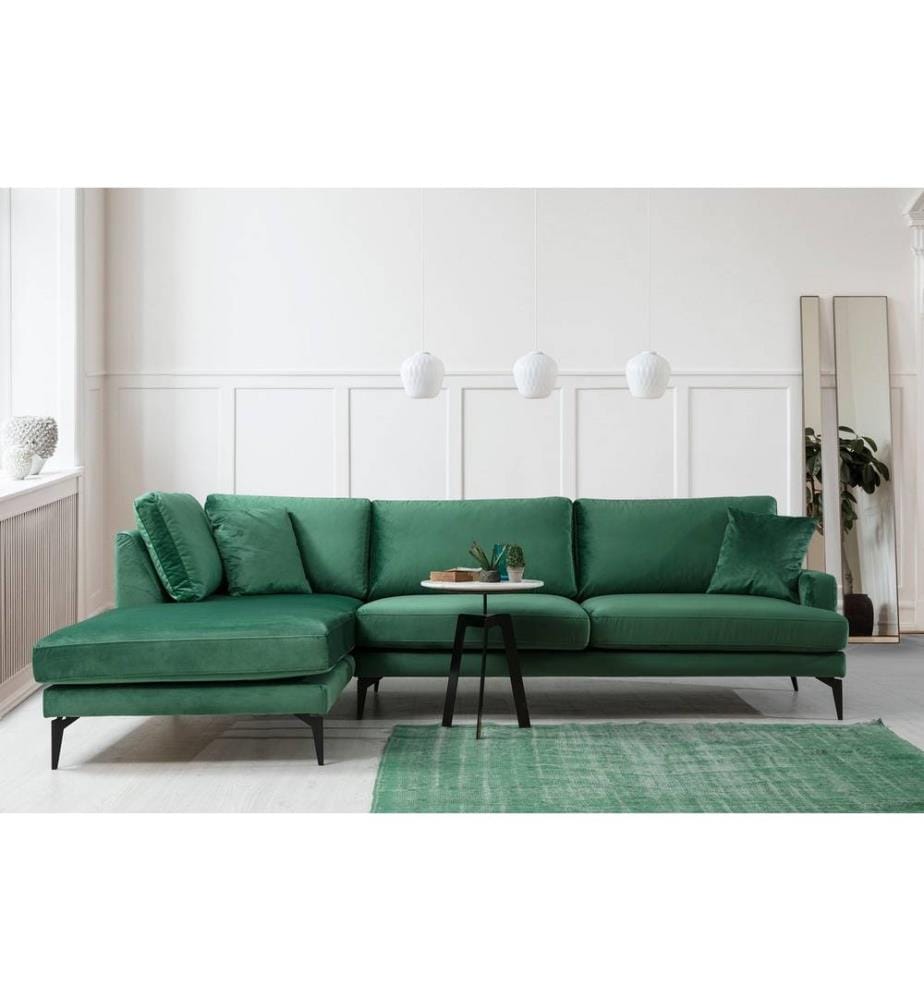 Canapé d'angle, vert, bois de hêtre - cadre en aggloméré, tissu polyester