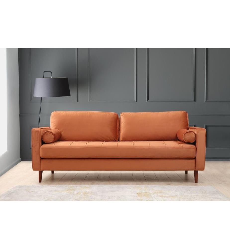 Canapé 3 places, orange, structure en hêtre et panneaux de particules, tissu polyester