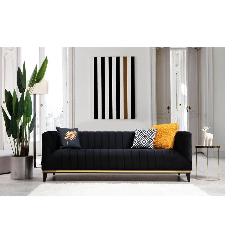 Canapé 3 places, Black Gold, structure en hêtre - aggloméré, tissu polyester