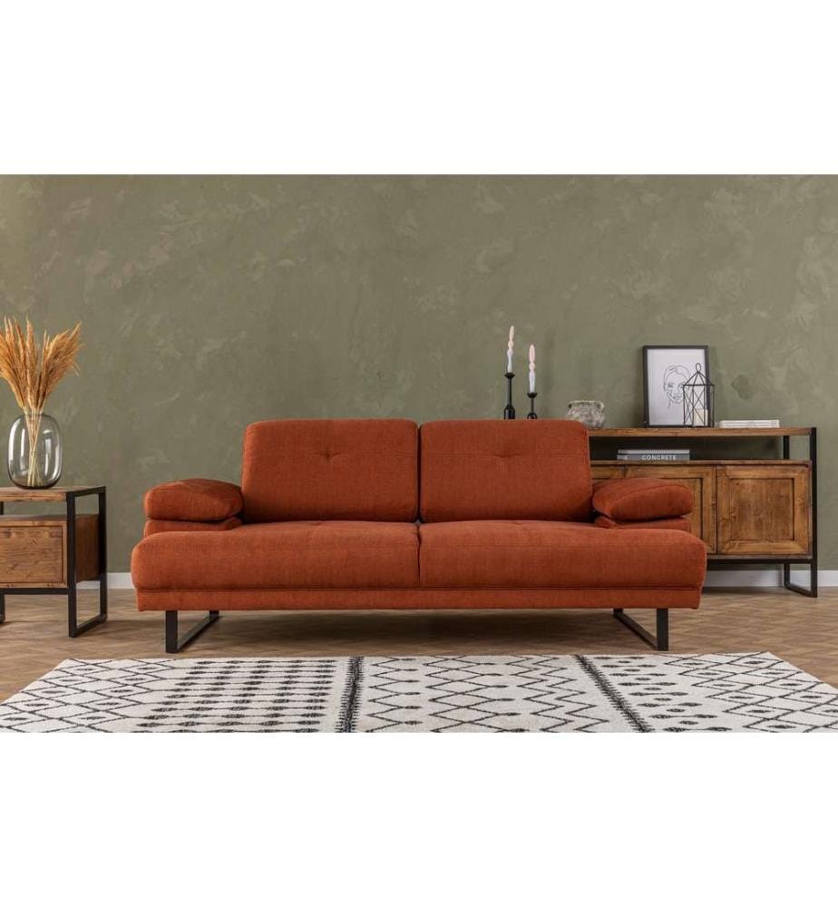 Canapé-lit 2 places, orange, cadre en hêtre - aggloméré, tissu polyester