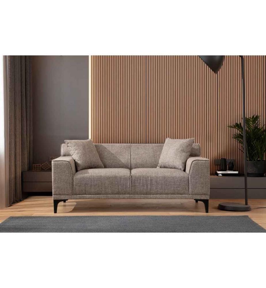 Canapé 2 places, fauve, structure en hêtre - aggloméré, tissu polyester