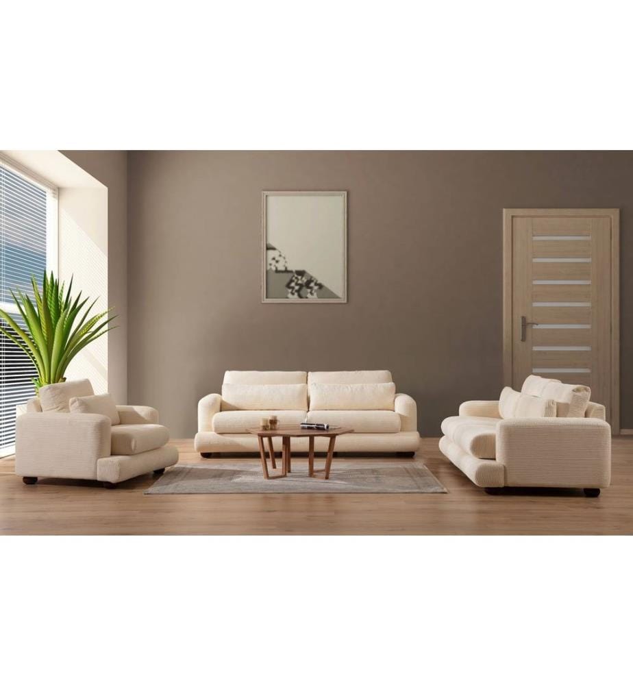 Canapé 3 places, beige, châssis : Bois de hêtre - panneau de particules, Tissu : 100% polyester
