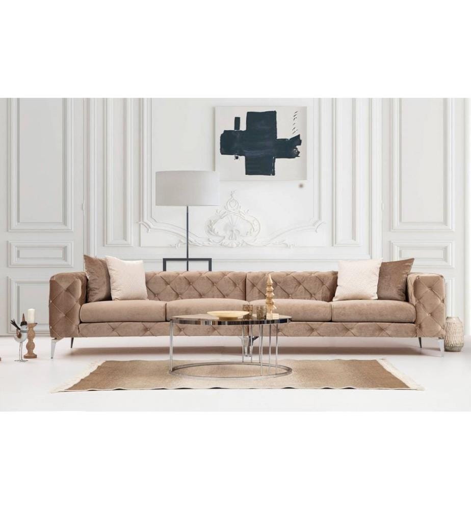 Canapé 4 places, Dark Cream, structure en bois de hêtre - aggloméré, tissu polyester