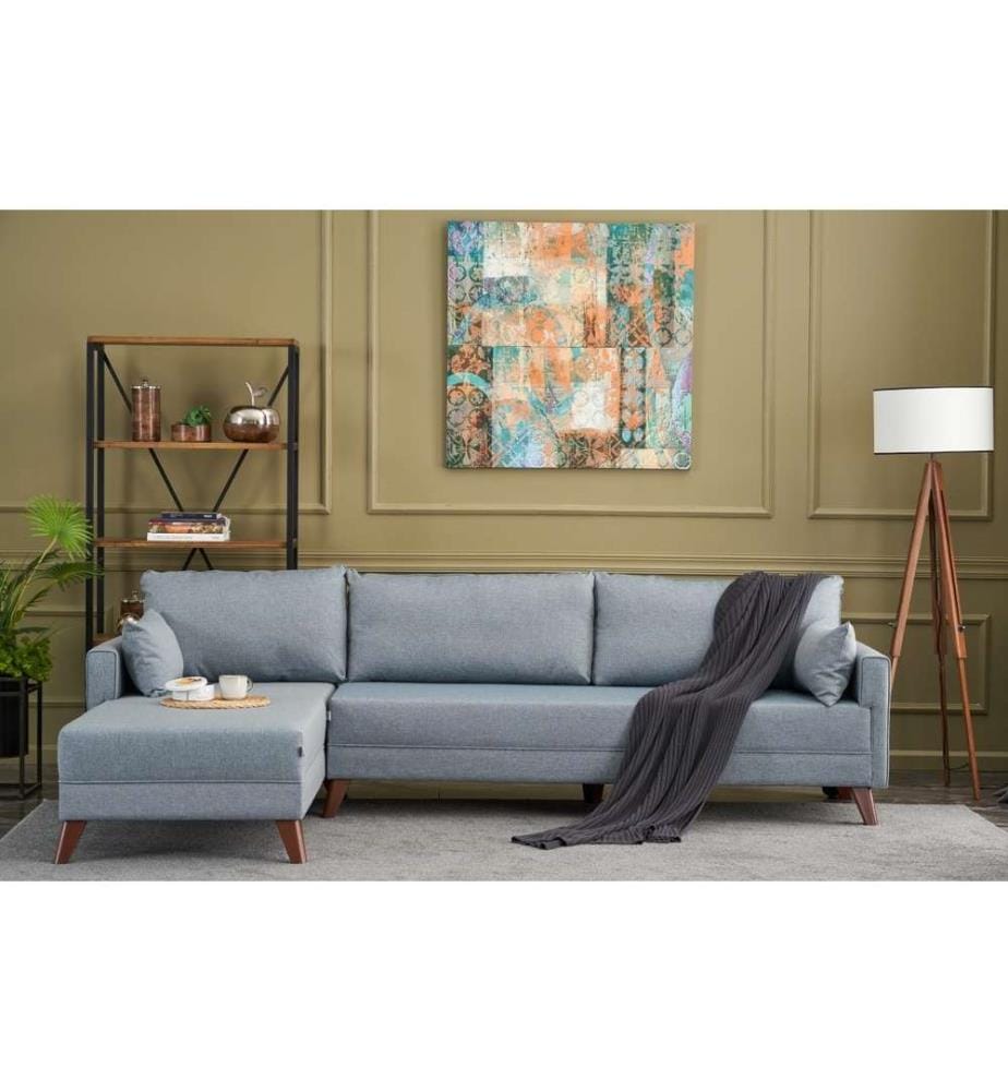 Canapé d'angle, bleu, structure en sapin, tissu polyester