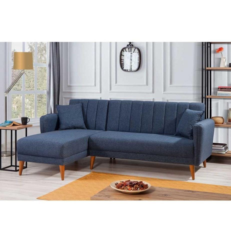 Canapé-lit d'angle, bleu foncé, bois de charme - cadre métallique, tissu de lin