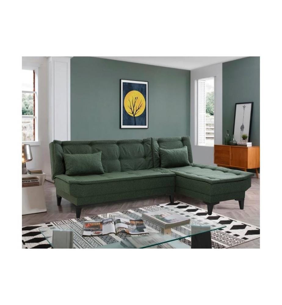 Canapé-lit d'angle, vert, cadre en bois de charme, tissu polyester