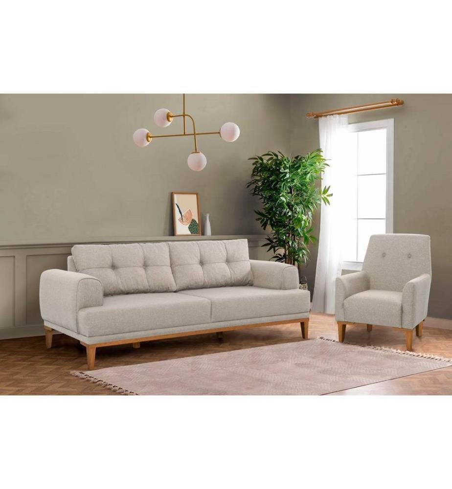 Ensemble canapé, crème, pin atlantique, cadre : Charme et sapin, tissu : 100% polyester