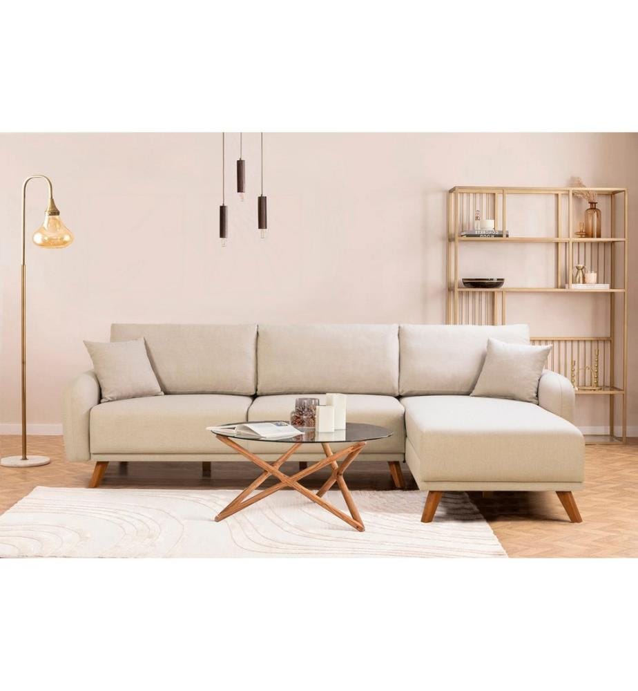 Canapé-lit d'angle, crème, châssis : Bois de hêtre, tissu : 100% Linen Fabric