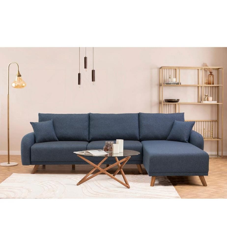 Canapé-lit d'angle, bleu foncé, châssis : Bois de hêtre, tissu : 100% Linen Fabric