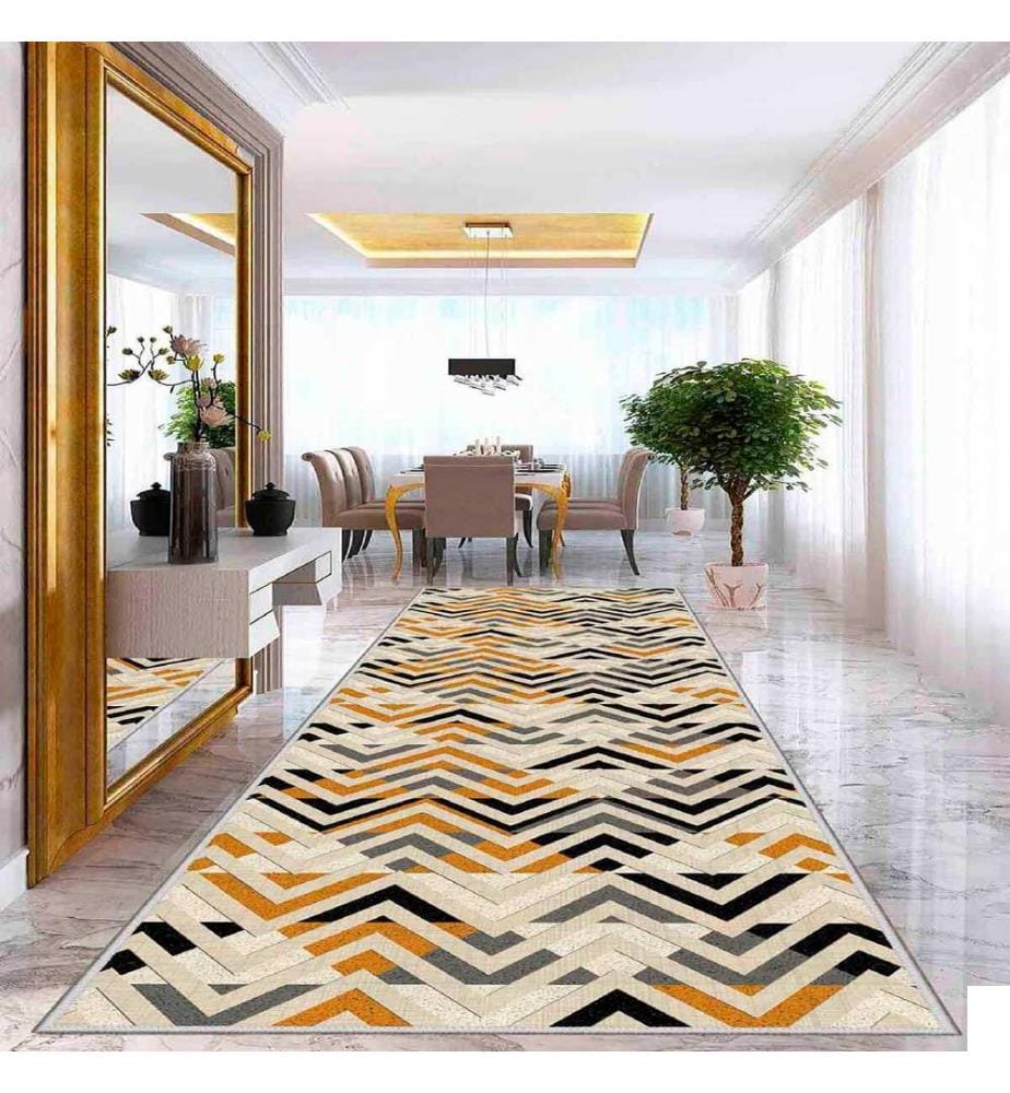 Tapis, crème, orange, vert, noir, 100% polyester, 100 x 350 cm