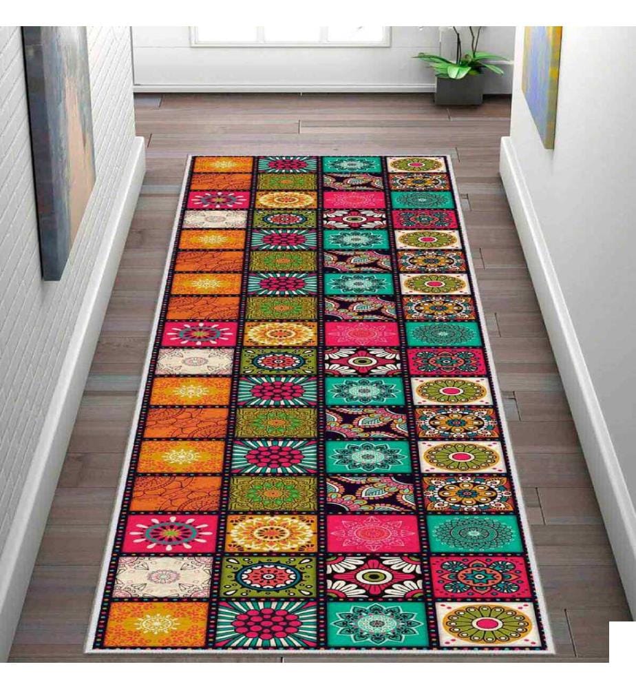 Tapis, blanc, orange, vert, jaune, fuchsia, 100 % polyester, 80 x 450 cm