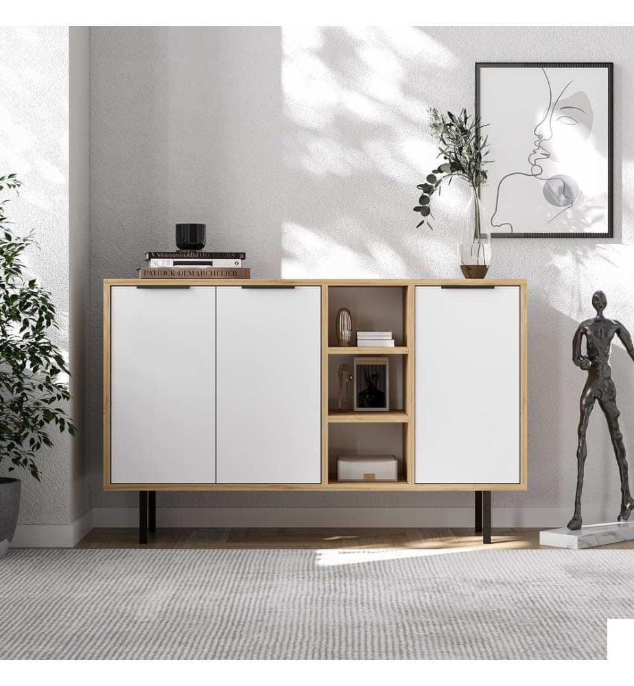 Console, chêne saphir, blanc, panneau de particules 100 % mélaminé
