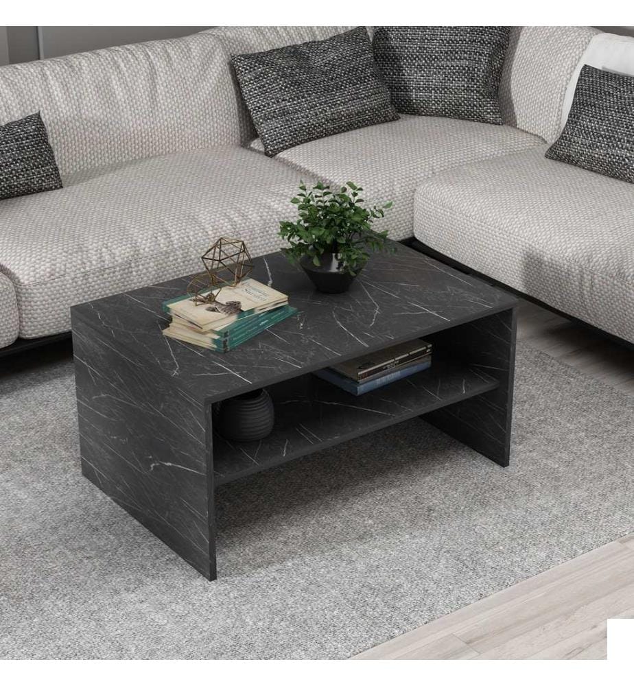 Table basse, marbre noir, panneau de particules 100 % mélaminé