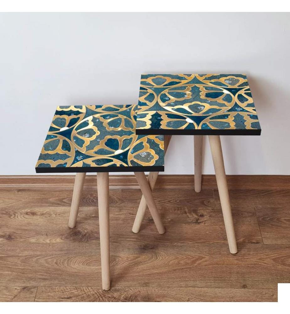 Table gigogne, 2 pièces, bleu marine, bleu, blanc, 100 % MDF, , pieds en bois de hêtre