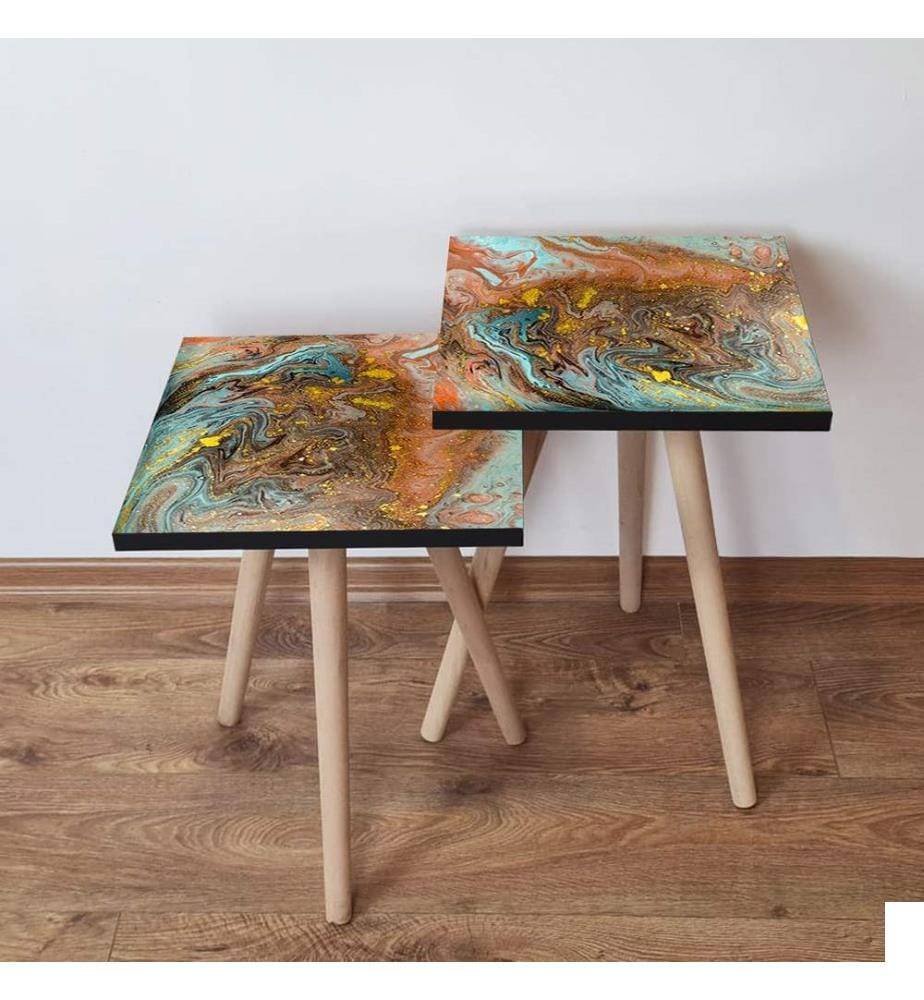 Table gigogne , 2 Pièces, Multicolore, MDF, Pieds en hêtre