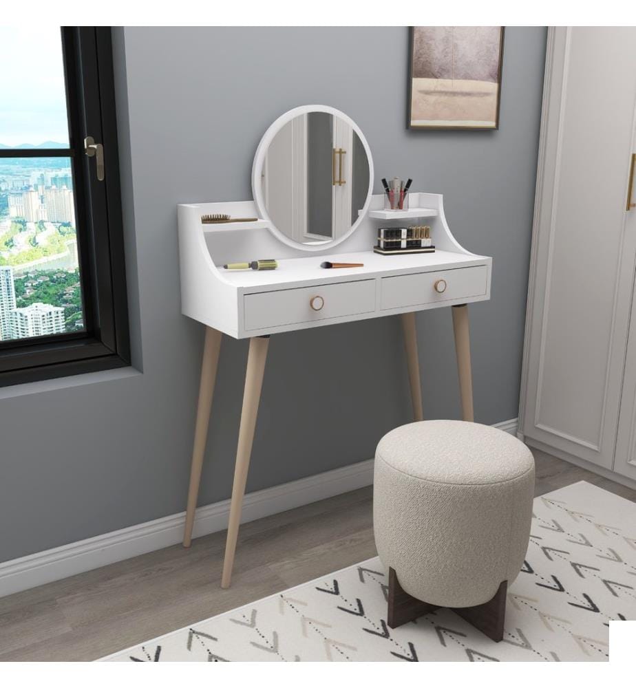 Table de maquillage, blanc, panneau de particules mélaminé, miroir inclus