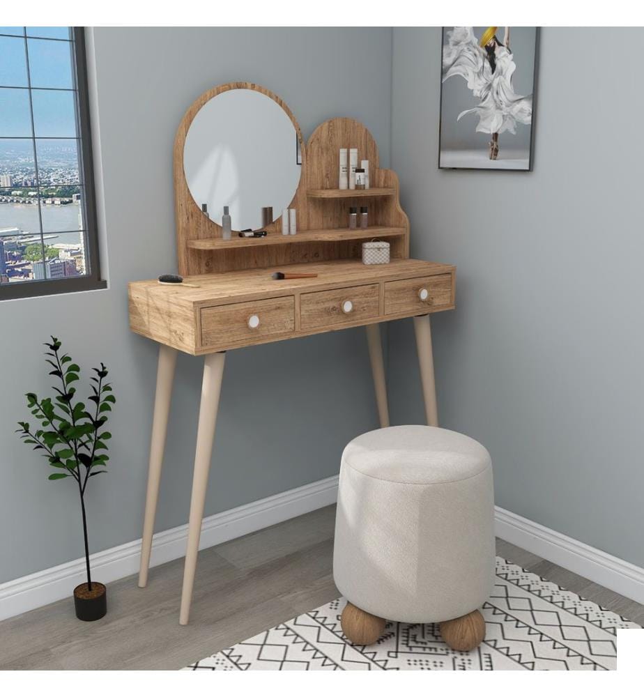 Table de maquillage, pin atlantique, panneau de particules mélaminé, miroir inclus