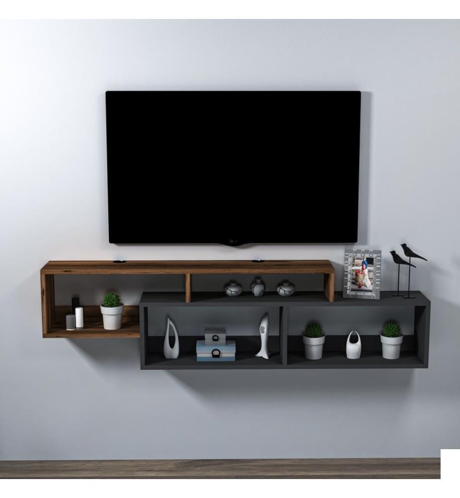 Meuble TV, noyer clair, anthracite, panneau de particules 100 % mélaminé