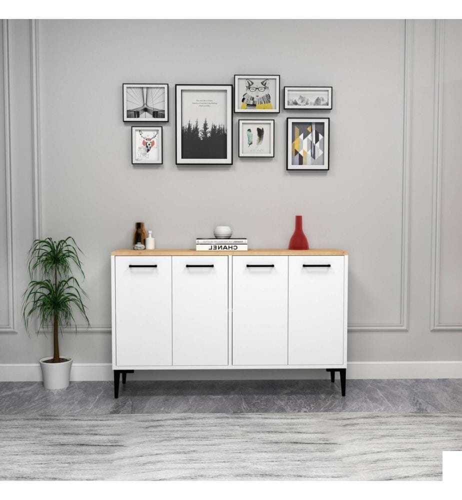Console, chêne saphir, blanc, panneau de particules 100 % mélaminé