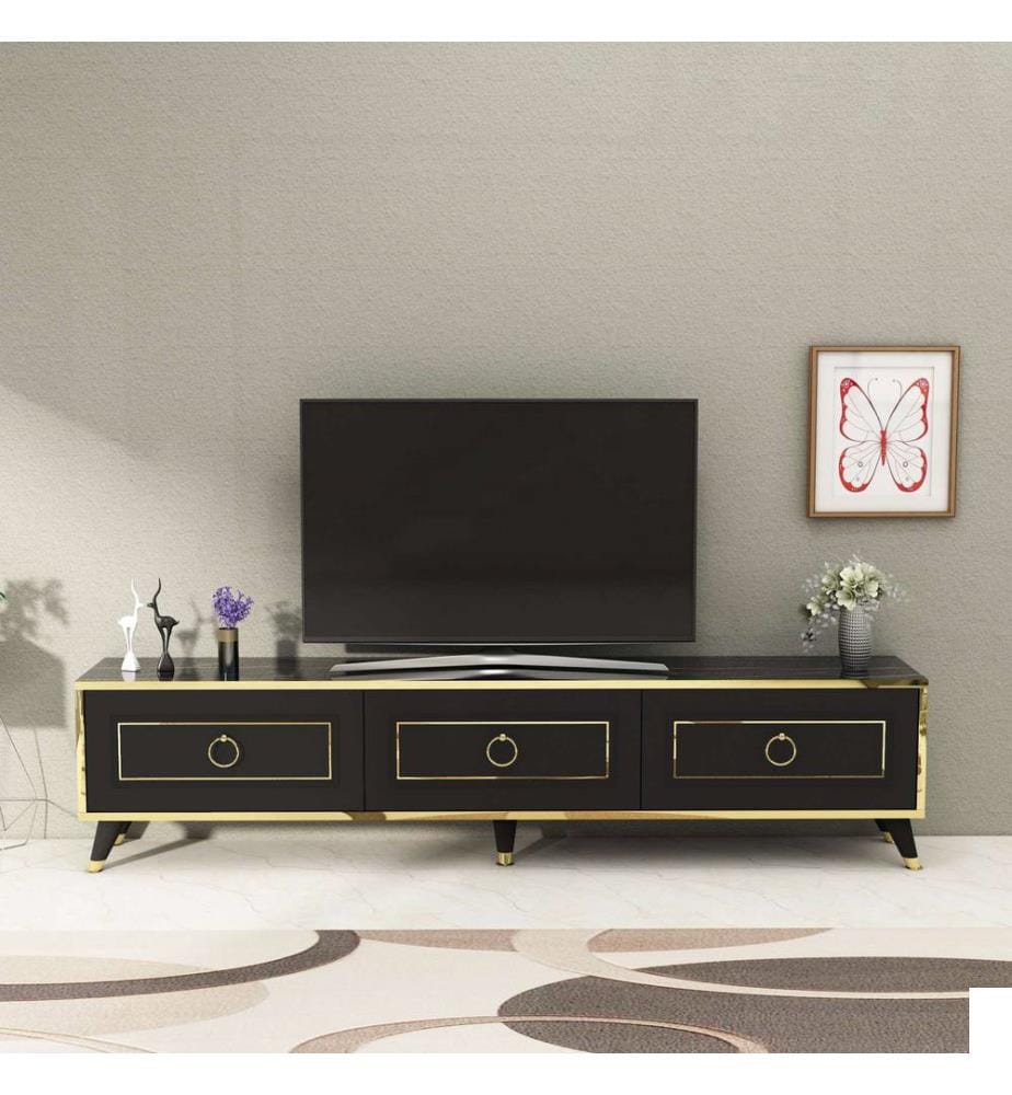 Meuble TV, noir, doré, 100 % PANNEAUX DE PARTICULES REVÊTUS DE MÉLAMINE
