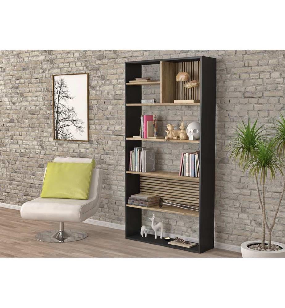 Bibliothèque, en bois, noir, pin Atlantique, 100 % aggloméré, cadre en MDF