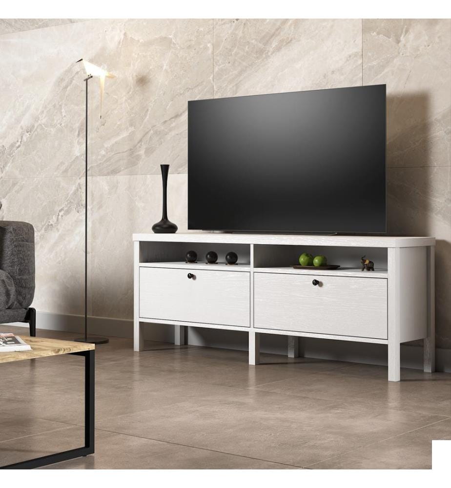 Meuble TV, bois, blanc, 100 % aggloméré, cadre en MDF, poignée en métal