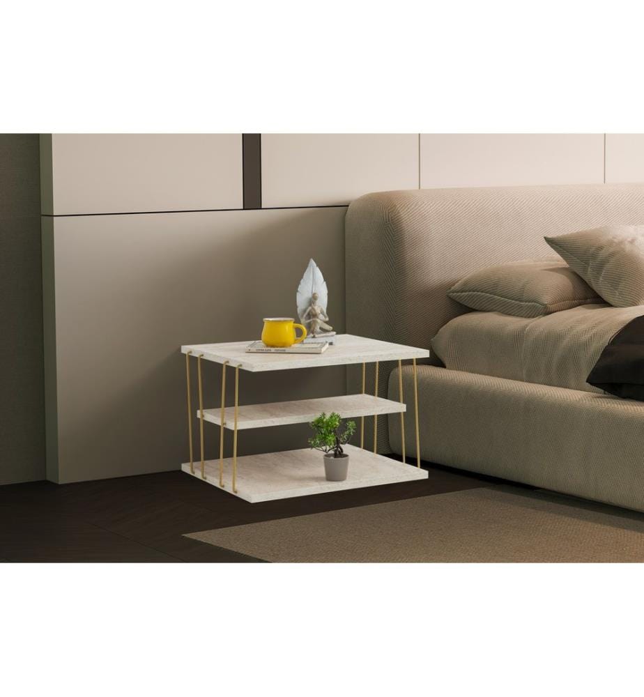 Table d'appoint, travertin, doré, panneau de particules 100 % mélaminé, structure : 100 % MÉTAL