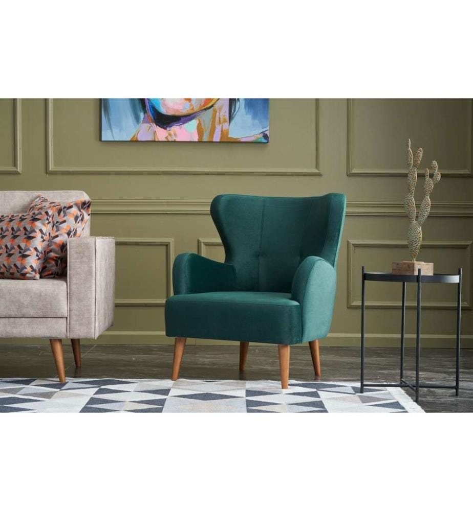 Wing Chair, Petrol Green, cadre en bois de charme, tissu velours