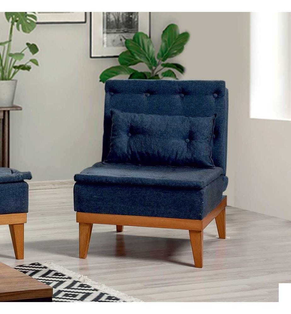 Chaise à oreilles, bleu foncé, cadre en bois de charme, tissu de lin