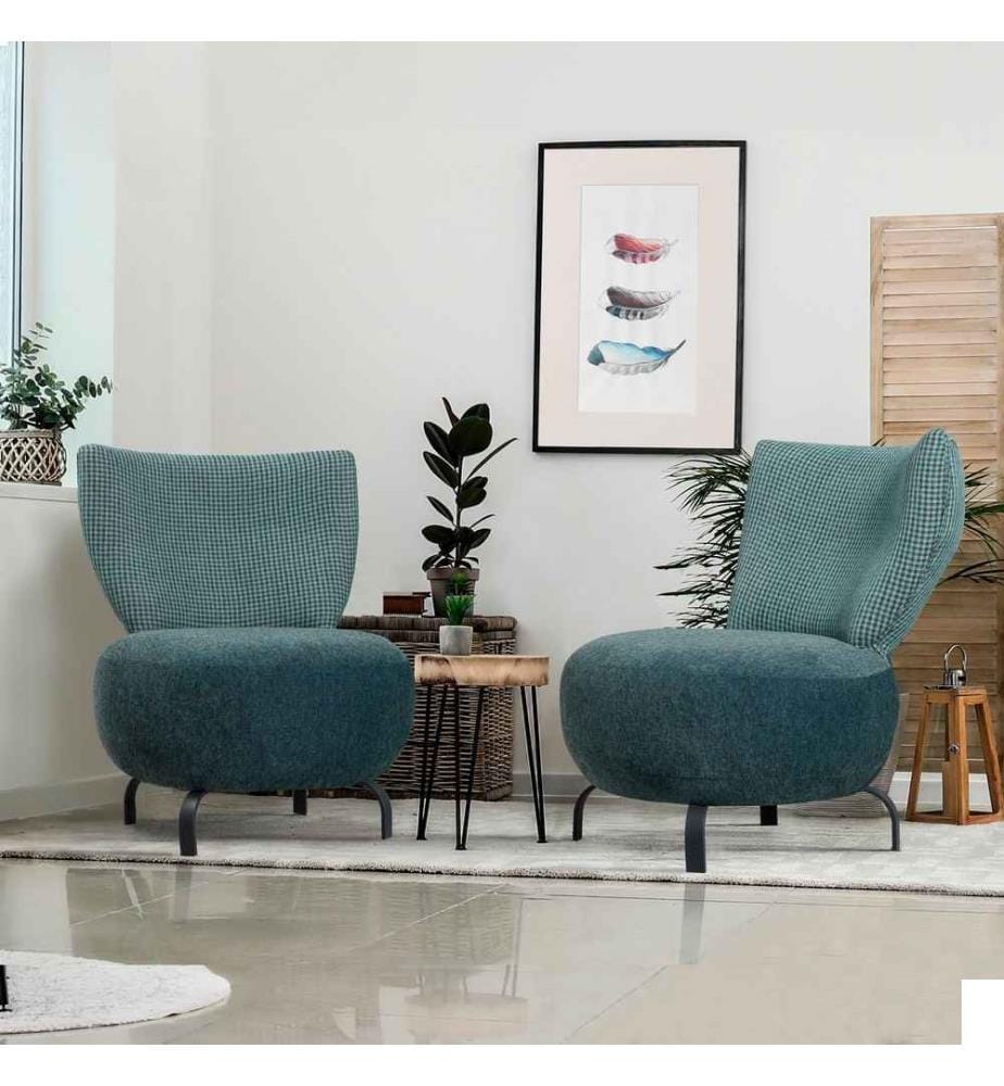 Ensemble de chaises à oreilles, Turquoise, cadre en bois de charme, tissu Chenille