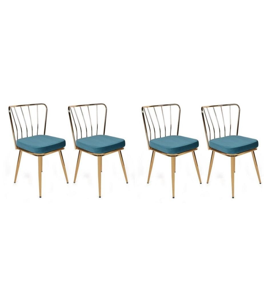 Ensemble de chaises, 4 pièces, bleu, or, cadre : Métal, Siège : Tissu velours - panneau de particules mélaminé, Dossier : Métal