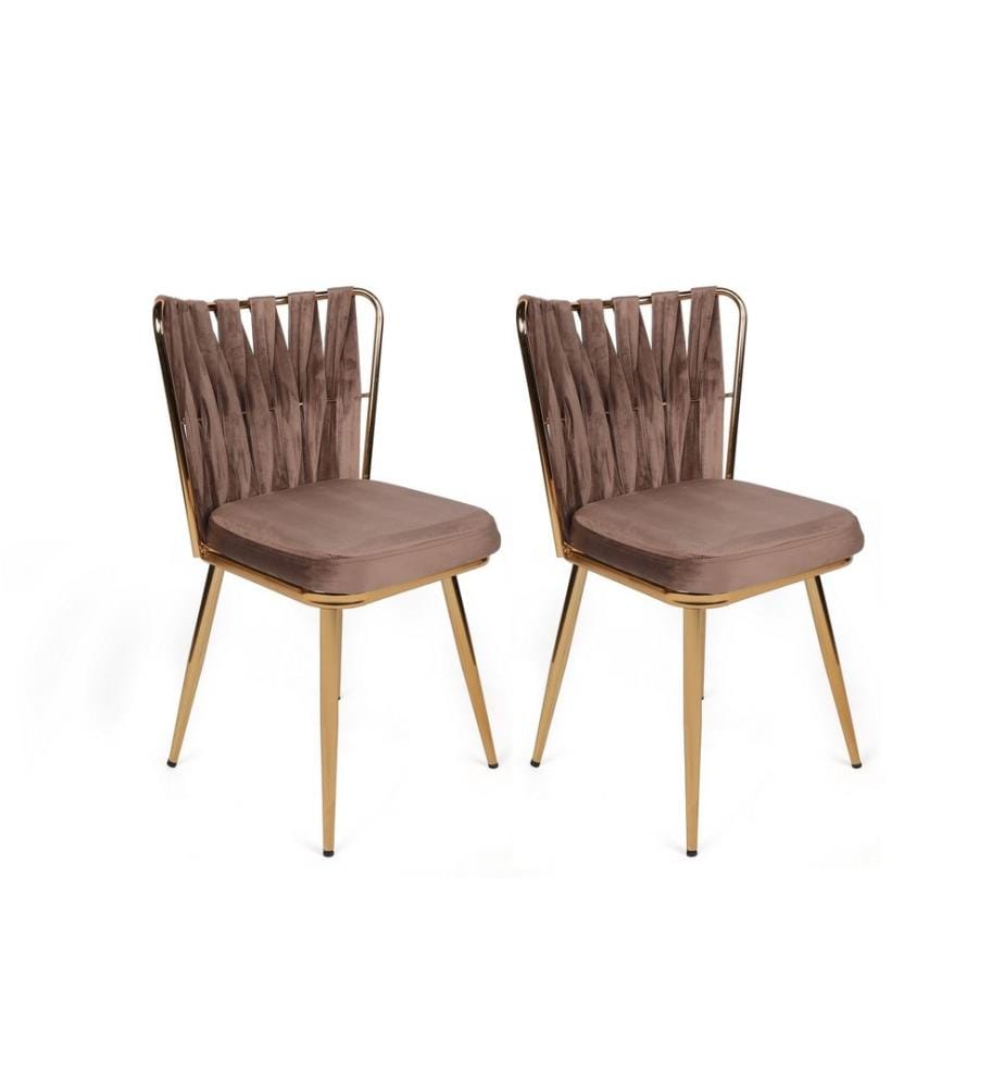 Ensemble de chaises, 2 pièces, Light Brown, Gold, Châssis : Métal, assise : tissu velours - panneau de particules mélaminé, dossier : Métal - Tissu velours