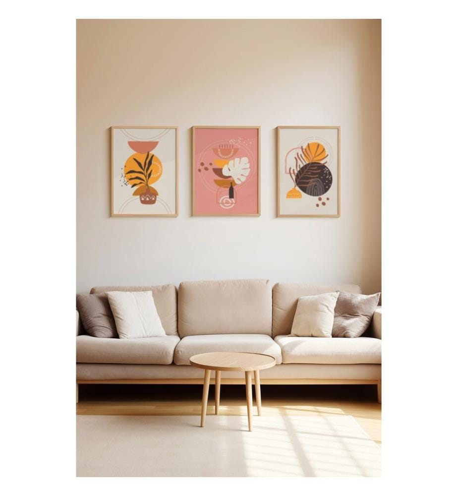 Tableau décoratif encadré, 3 pièces, multicolore, cadre : 100 % BOIS MASSIF, Peinture : 100 % MDF