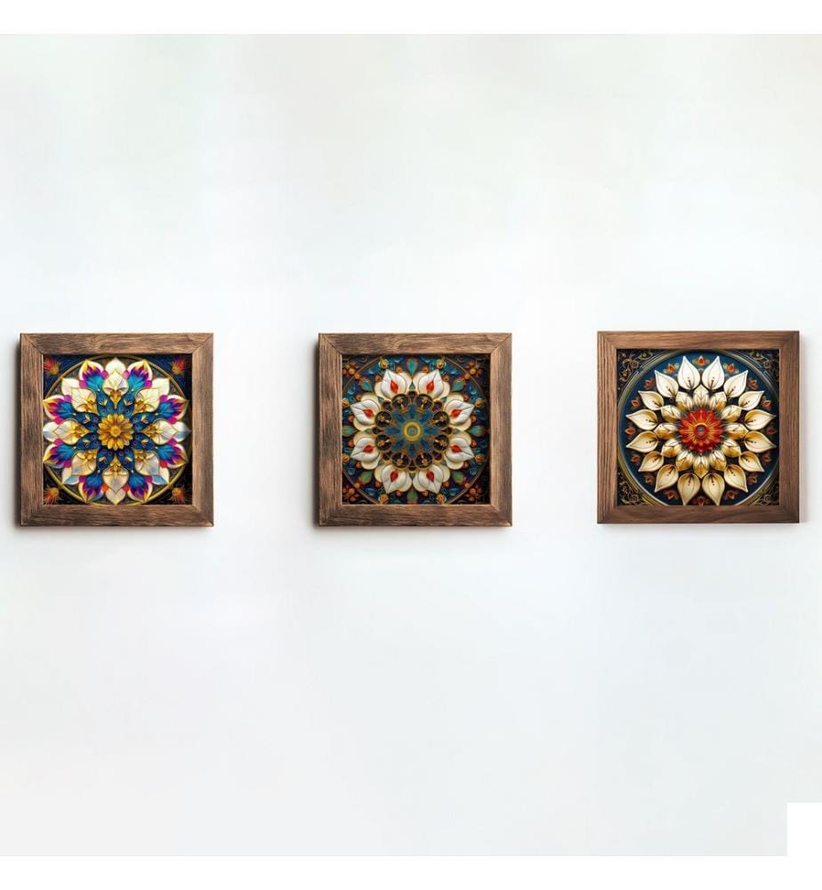 Tableau décoratif encadré en MDF, 3 pièces, multicolore, peinture : 100 % MDF, cadre : 100 % BOIS D'ÉPINES