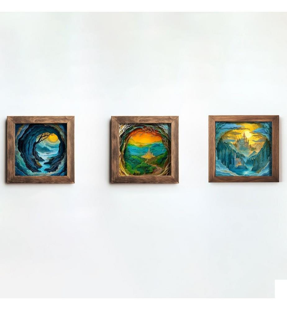 Tableau décoratif encadré en MDF, 3 pièces, multicolore, peinture : 100 % MDF, cadre : 100 % BOIS D'ÉPINES