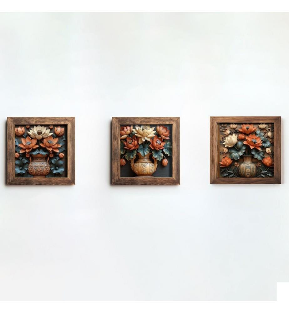 Tableau décoratif encadré en MDF, 3 pièces, multicolore, peinture : 100 % MDF, cadre : 100 % BOIS D'ÉPINES