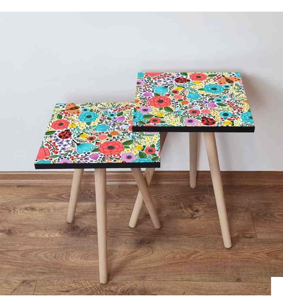 Table gigogne, 2 pièces, multicolore, MDF, pieds en hêtre
